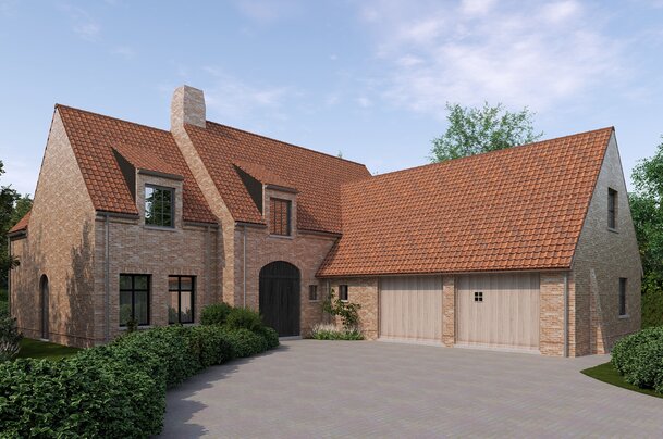 Architecturale 3D‑visualisatie van een landelijke baksteenwoning met rood pannendak, houten garagepoort en traditionele elementen, omgeven door een groene tuin