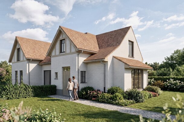 Fotorealistische visualisatie van een landelijke nieuwbouwwoning met witte bakstenen gevel, zadeldaken en aangelegde tuin, ontworpen door GC Architecten