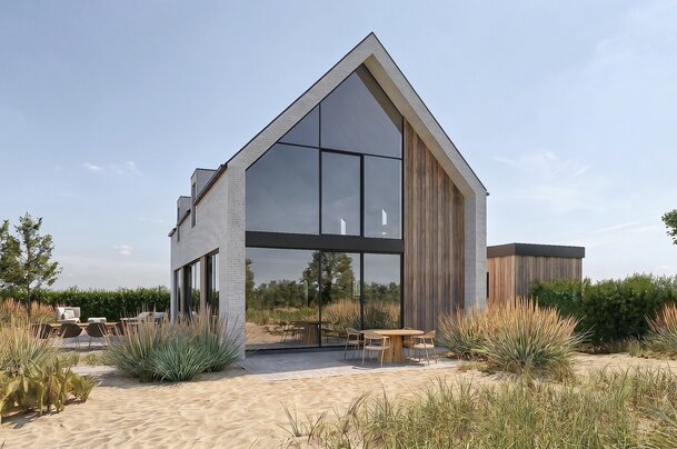 Fotorealistische visualisatie van een hedendaagse nieuwbouwwoning met witte bakstenen gevel, houten accentgevel en grote glaspartij in Koksijde, ontworpen door GC Architecten
