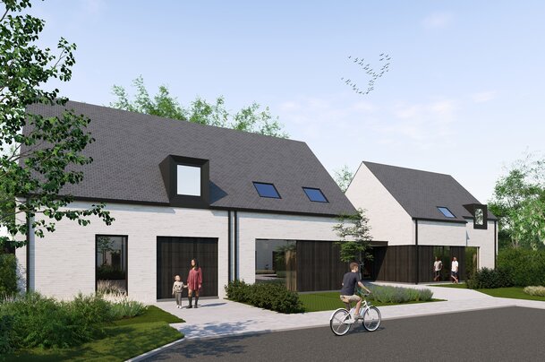 Fotorealistische visualisatie van een hedendaags woonproject met moderne nieuwbouwwoningen in Jabbeke, ontworpen door GC Architecten