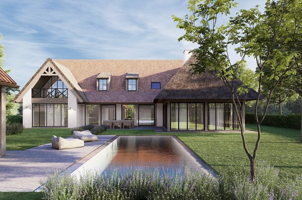 Fotorealistische visualisatie van een exclusieve landelijke villa met rieten dak, zwembad en ruime tuin, ontworpen door GC Architecten.