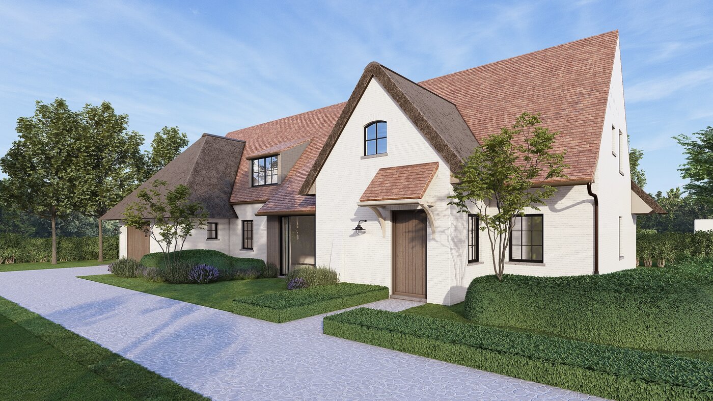 Fotorealistische visualisatie van een exclusieve landelijke nieuwbouwwoning met karaktervolle architectuur en rieten dak, ontworpen door GC Architecten.
