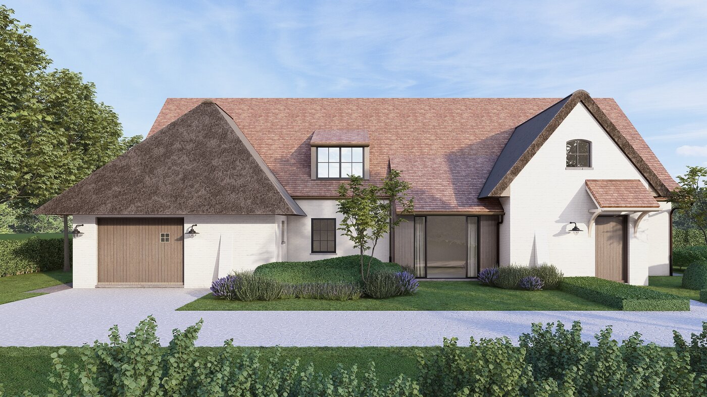 Fotorealistische visualisatie van een landelijke villa met wit geschilderde gevels, rieten dak en geïntegreerde garage, ontworpen door GC Architecten.