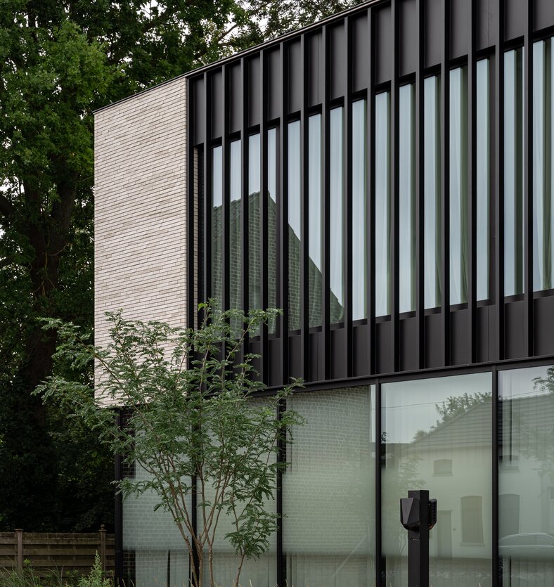 Moderne kantoorgevel met hoge glaspartijen en zwarte aluminium profielen in een groene omgeving.